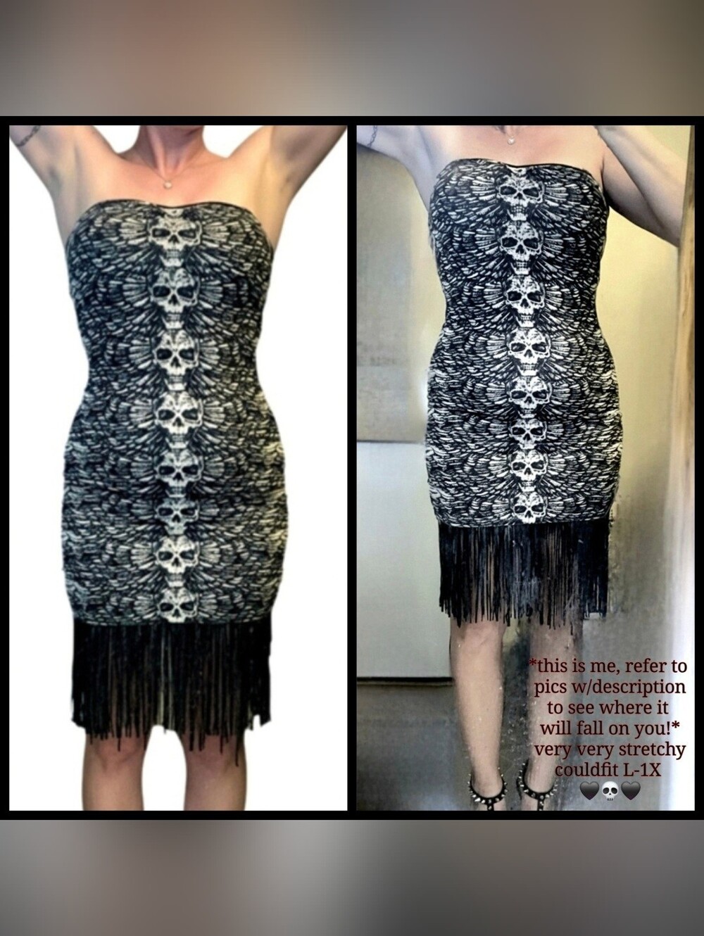Vtg Lip Service white blk graphic skull wings tube top bodycon fringe dress XL - Picture 7 of 16